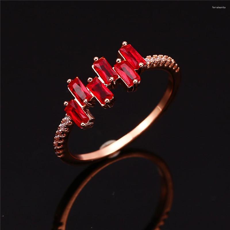 

Wedding Rings Girls Ins Stagger Small Red Rectangle For Women Rose Gold Color Stacking Thin Bands Zircon Ring Party Jewelry Gift