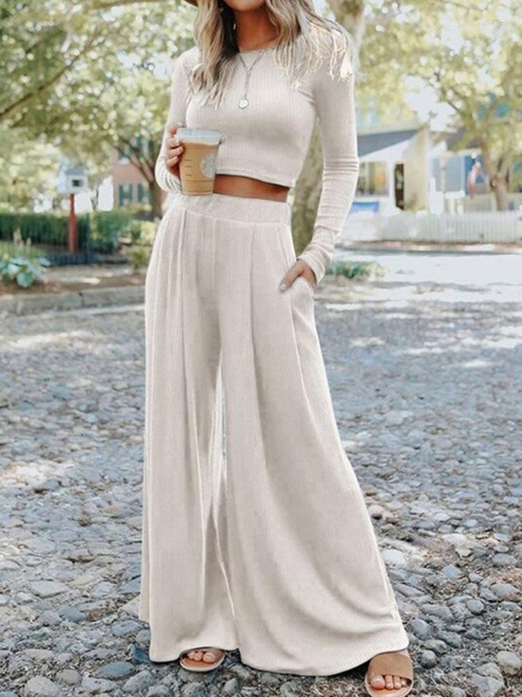 

Women' Two Piece Pants Women Street Style Casual Suits Long Sleeve Solid Crop Top Wide Leg Set Ensemble Femme Mujer Conjunto Femenino, Ivory