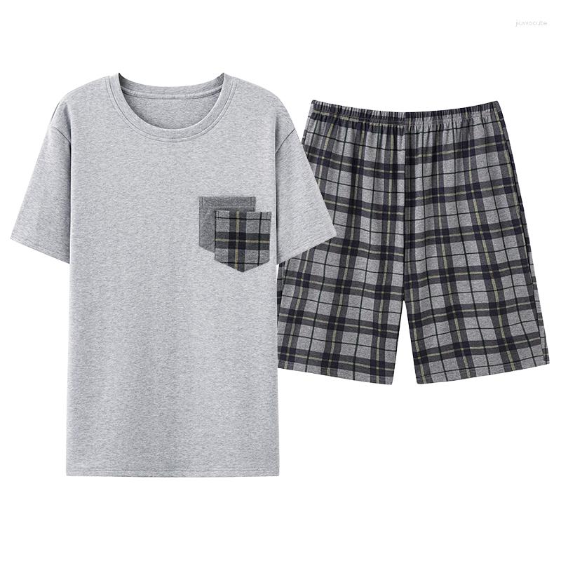 

Men's Sleepwear Men Pajamas Short Sleeve Shorts Cotton Plaid O-neck Summer Home Clothes Big Yards L-4XL Young Male Homewear Set, Er9927