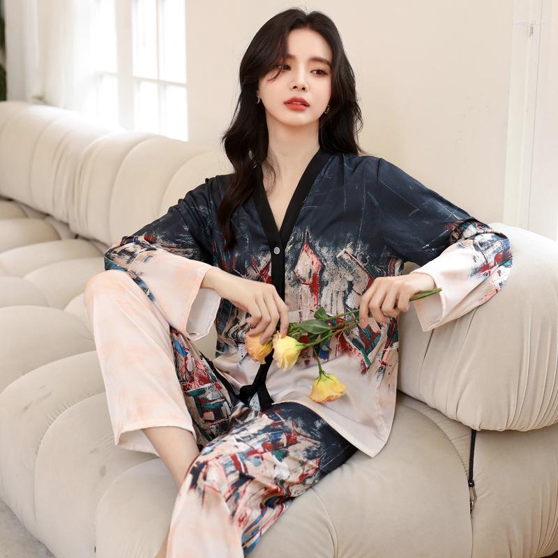 

Women's Sleepwear Silk Like Women's Summer Pajama Set High Quality V Neck Ladies Spring 2 Pcs With Pants Long Sleeve Pijama For Female, 1851