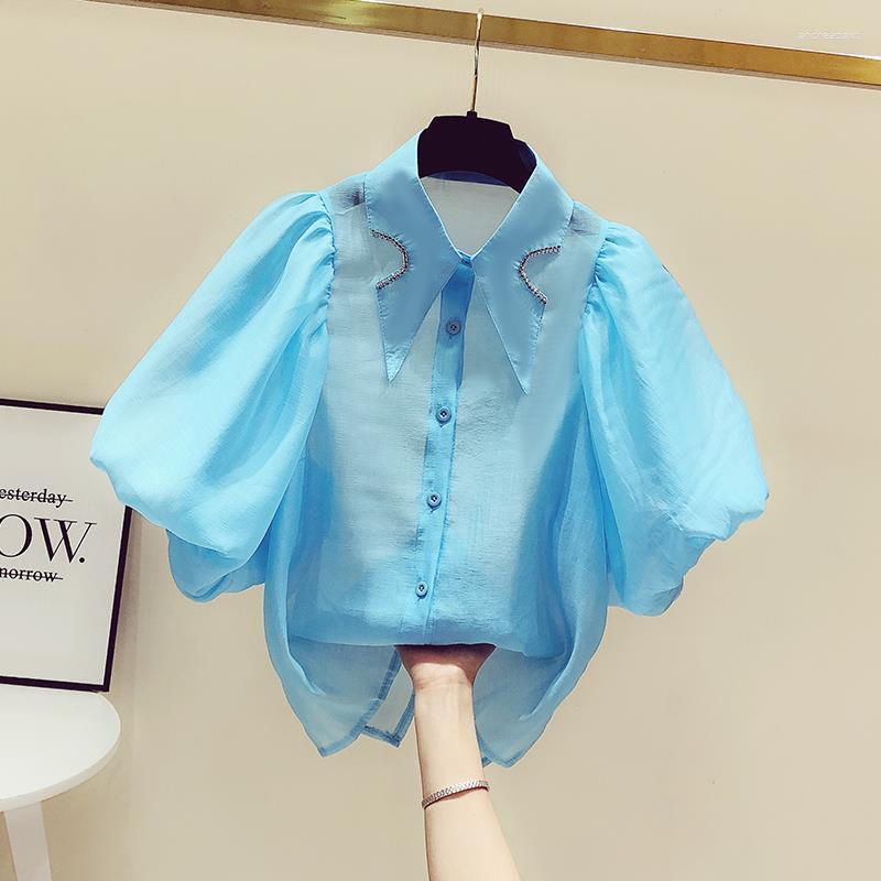 

Women's Blouses Doll Collar Hong Kong Style Diamond Lantern Sleeve Blouse Women White Shirts Camisas Casual Top Blusas Puff Short Shirt, Green