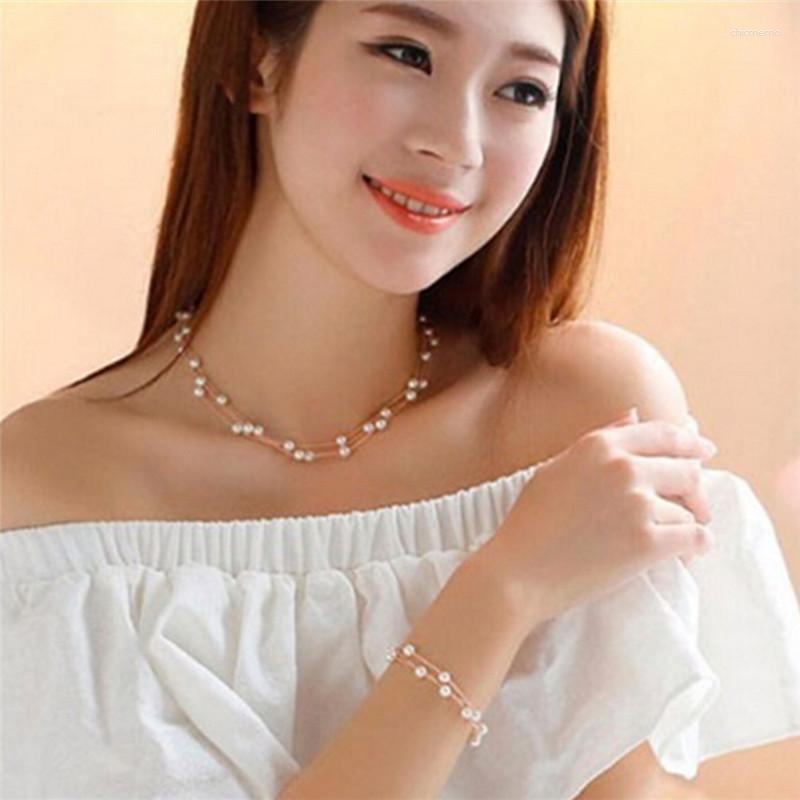 

Necklace Earrings Set Fashion Multilayer Pearl Bracelet Jewelry For Wedding Bridal Conjunto De Accesorios Moda, Picture shown