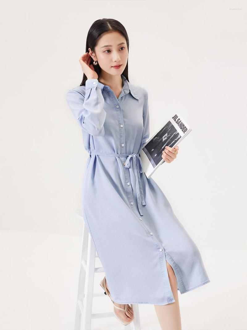 

Casual Dresses SHUCHAN Shirt Dress Lyocell A-LINE Knee-Length Turn-down Collar Lace-up Single Breasted Long For Women, Light blue
