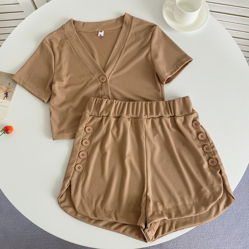

Women's Tracksuits Summer Fashion Two-piece Female Design Sense All-match V-neck Single-breasted Short Top Elastic Waist Slit Casual Shorts, Black