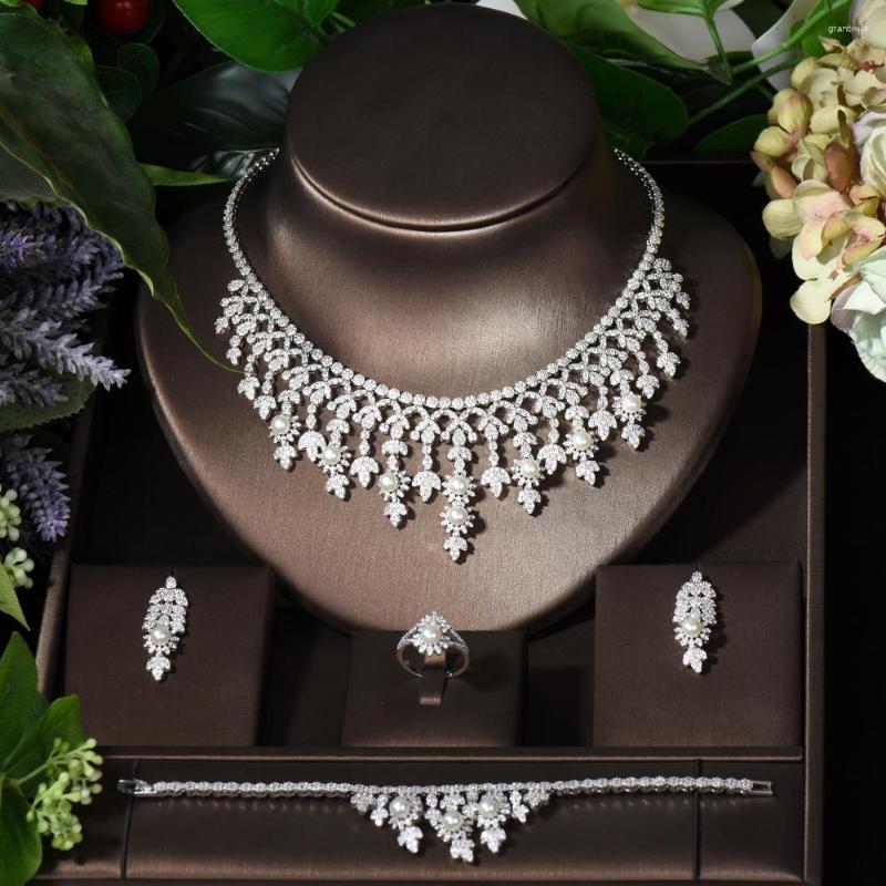 

Necklace Earrings Set Fashion Long Tassel Pearl 4pcs And Earring Sets Cubic Zirconia Women Bridal Wedding Party Jewelry Accessories S-036, Picture shown