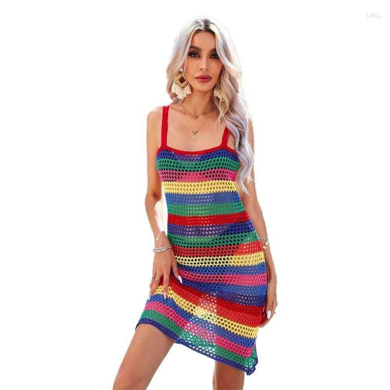 

Women' Swimwear Womens Sleeveless Knitted Bikini Cover Ups Colorful Square Neck Mesh Bathing Suit Swimsuit Coverups Beach Dress, Picture shown