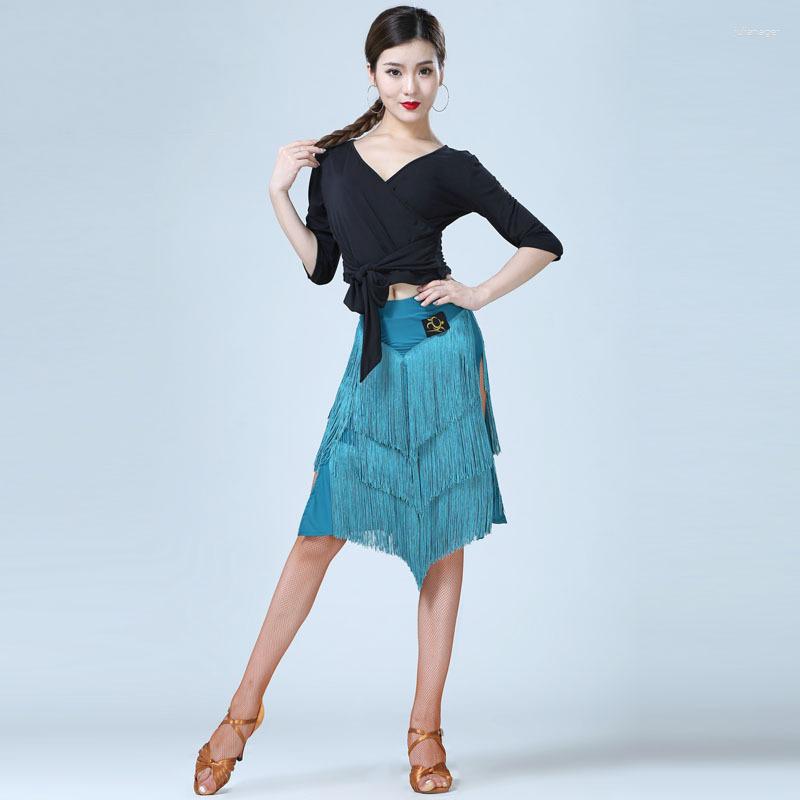 

Stage Wear Latin Dress Female Dancer Costume Adult Tassel Skirt V-Neck Top Dance Training Suit Salsa Competition 358, Leopard and black