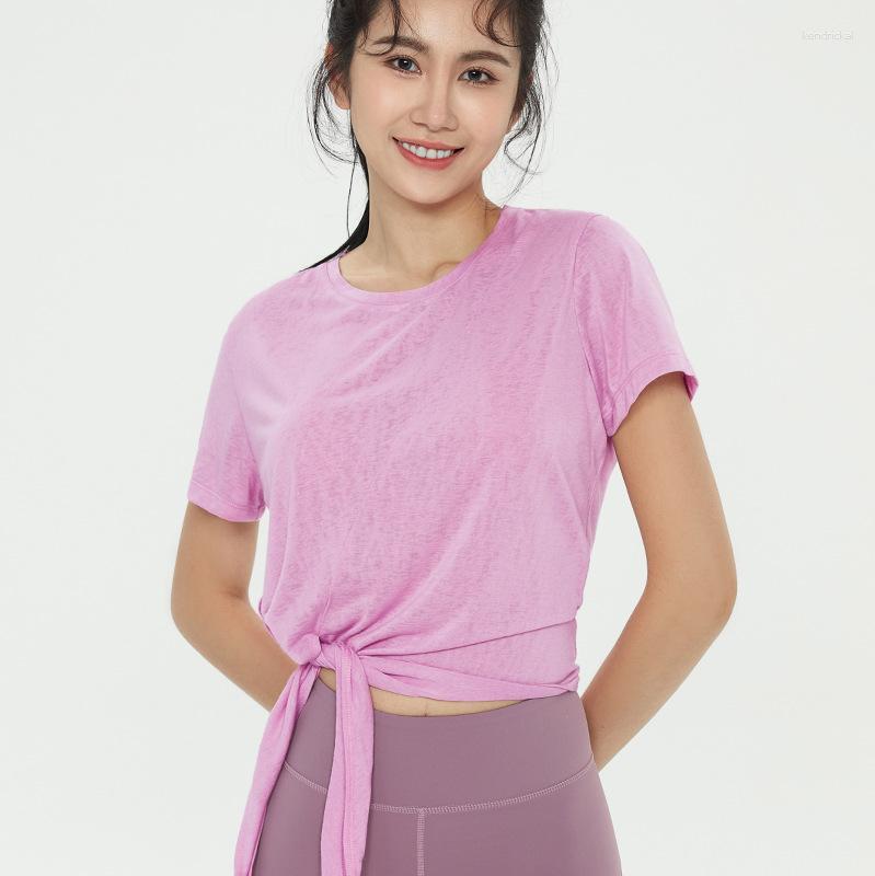 

Active Shirts Side Bandage Sports Wear Women Gym Crop Top Short Sleeve Loose Yoga Thin Breathable Fitness Exercise Workout, Black