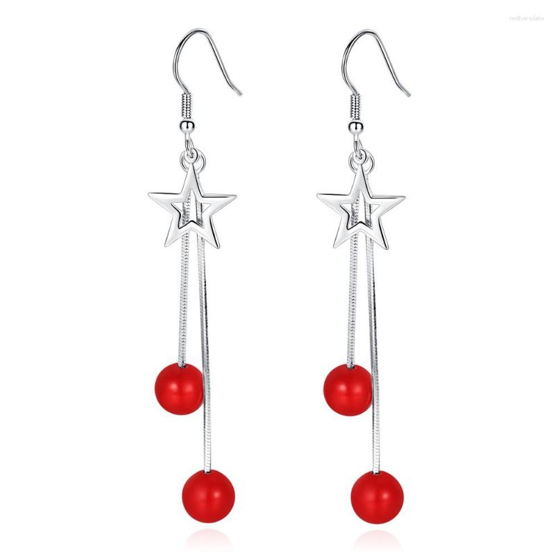 

Dangle Earrings S925 Silver Earring Red Pearl Star Tassel Drop For Women Wedding Gift Lady Girl Fashion Jewelry