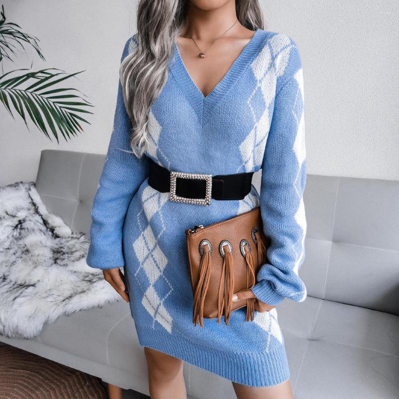 

Women' Sweaters 2023 Female Loose Warm Jumper Women Argyle Sweater Knitted Dress Autumn Winter Sexy V-neck Long Pullover, Black