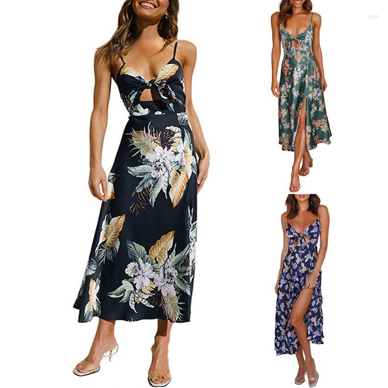 

Casual Dresses 2023 Summer Women' Sexy Hollow Lace-up Sleeveless Long Skirt Deep V Print Open Back Slit Suspender Dress, Black