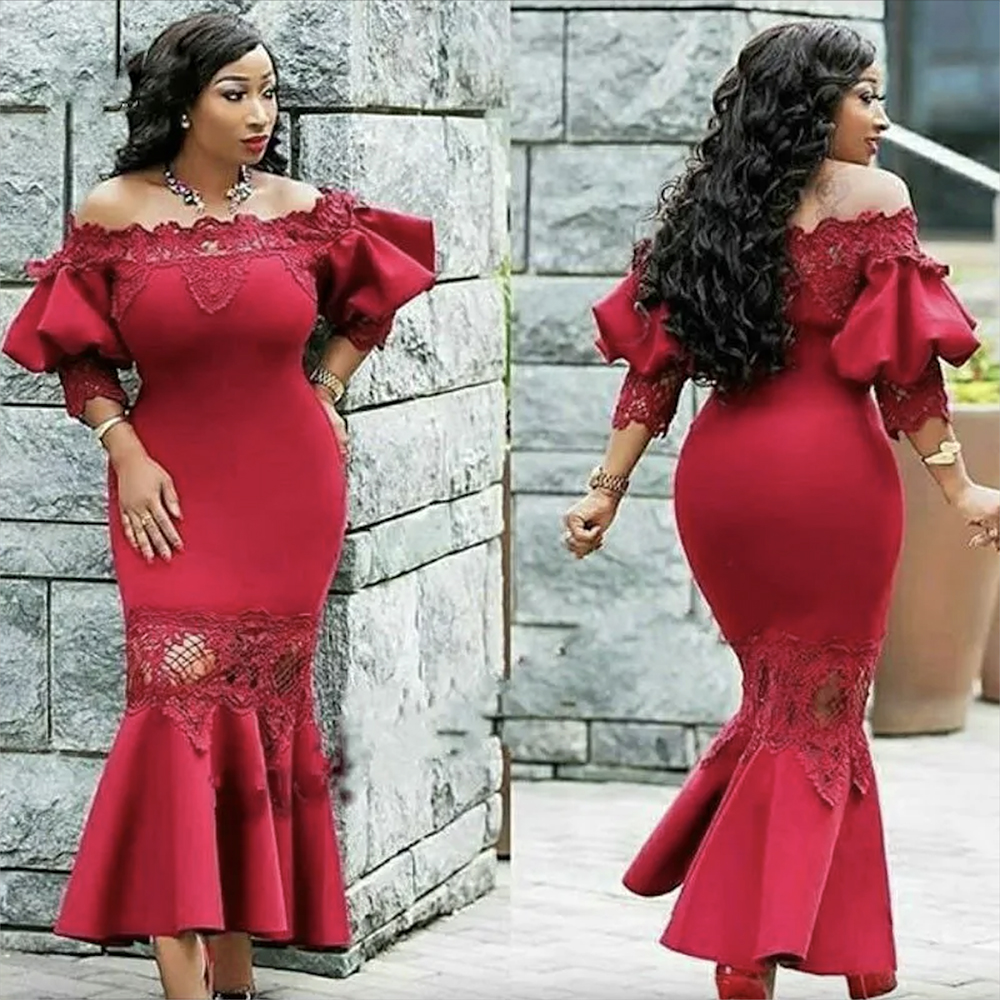 

2023 Sexy African Girl Red Mother Of The Bride Dresses Mermaid Off Shoulder Puffy Sleeves Lace Satin Plus Size Evening Gowns Wear