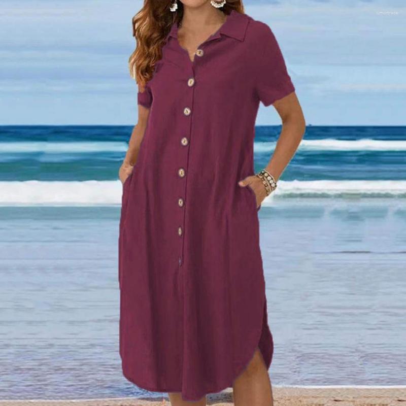 

Casual Dresses Pretty Women Dress Short Sleeve Straight Pattern Midi Pure Color Lady, Black