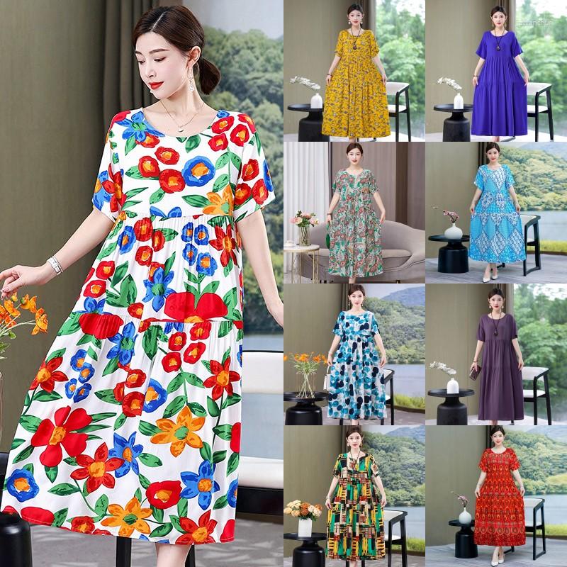

Casual Dresses 2023 Summer Middle-age Women Cotton Silk Dress Oversize XL-5XL Loose O-neck Short-sleeves Printed Female Maxi, 13