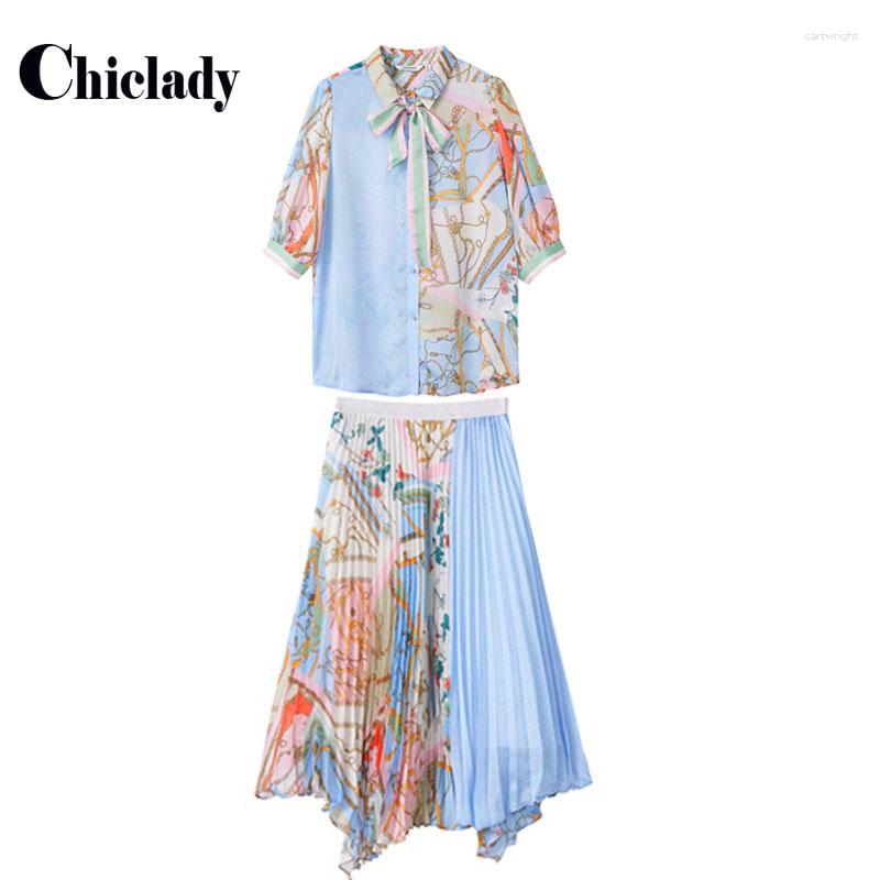 

Work Dresses CHICLADY Two Pieces Set Women Printed Shirt Tops Blouse Bow Collar Pleated Midi Skirt Dresy Damskie Lady Festival Clothing Y2K, Blue