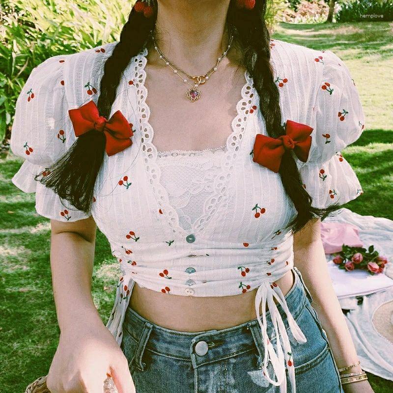 

Women' Blouses Drawstring Ruched Frill Cute Aesthetic Fashion Flower Print T-Shirt Vest Summer Sweet Ruffle Puff Sleeve Lace V Neck Crop, White