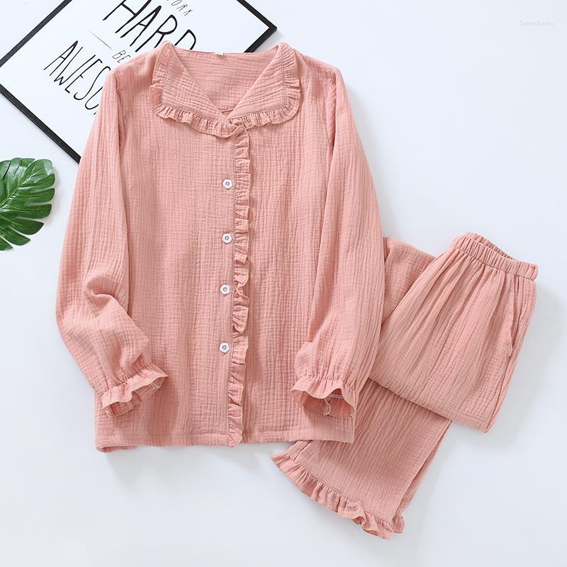 

Women's Sleepwear Spring Pajamas Women Long Sleeve Cotton Princess Style Sweet Pure Color Thin Loungewear 2 Piece Nightwear Home Suit, Pink