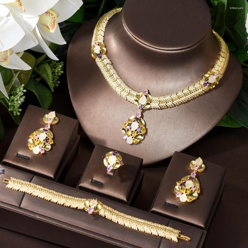 

Necklace Earrings Set HIBRIDE 4PCS African Cubic Zirconia Large Women Wedding Party Dubai Gold Plated Luxury For Brides N-69, Picture shown