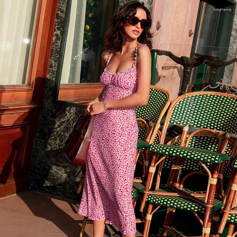 

Casual Dresses Summer Women Spaghetti Strap Floral Printed Dress Lady Sexy Sleeveless Backless Split Flower Mini Vestidos SS202, Pink