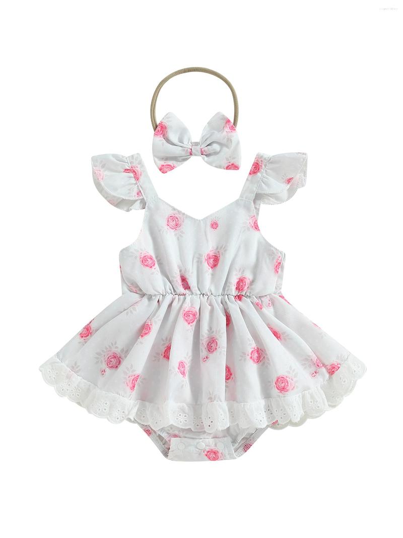 

Girl Dresses Adorable 2PCS Toddler Summer Outfit - Flying Sleeve Floral Print Romper Dress With Bow Headband For Infant Baby, White 1