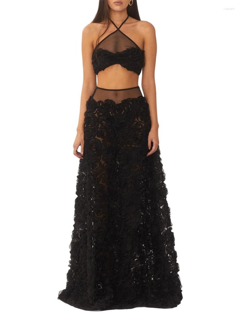 

Two Piece Dress Women 2 Summer Outfits Rose Mesh Halter Neck Tops And Elastic Long Skirt Streetwear Aesthetic Clothes, Black