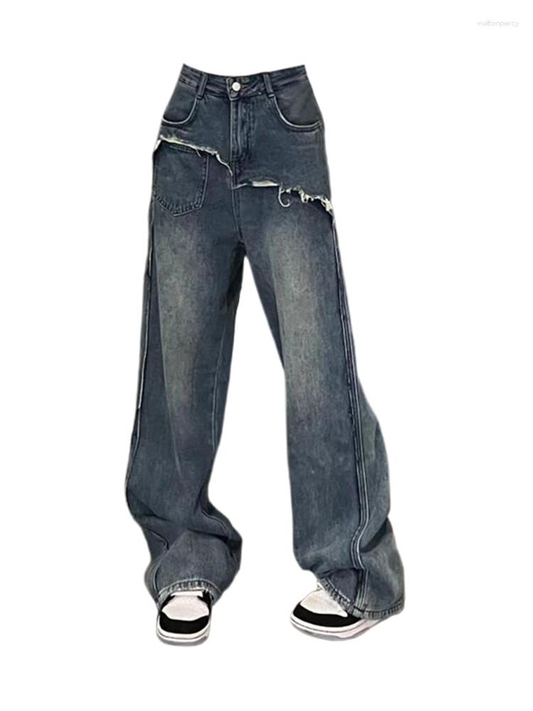 

Women' Jeans Women Retro Solid Color Patchwork Design Jean Trousers 2023 High Waist Straight Denim Pants American Style Streetwear Chic, Blue