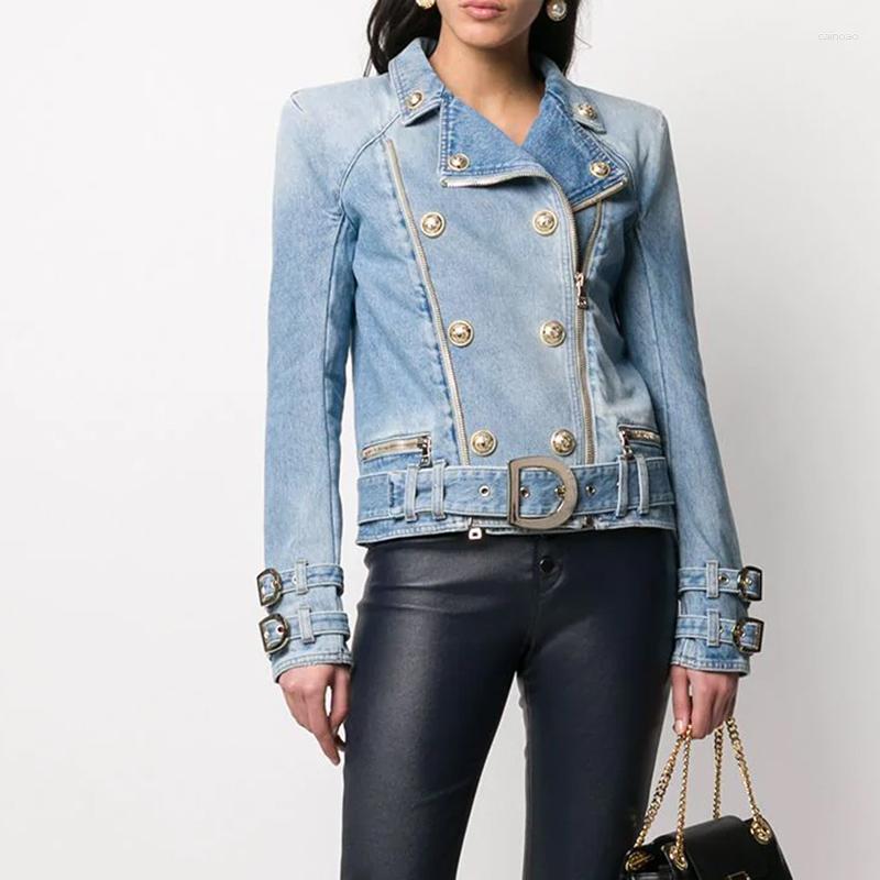 

Women' Jackets HIGH STREET Est 2023 Designer Jacket Women' Belted Zippers Lion Buttons Denim Motorcycle Biker, Blue