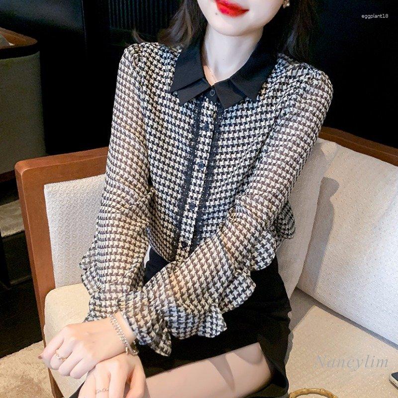 

Women' Blouses Plaid Chiffon Shirt And Blouse Women' Clothing 2023 Spring Summer Beautiful Top High-End Temperament Long Sleeve Blusas, Picture color top