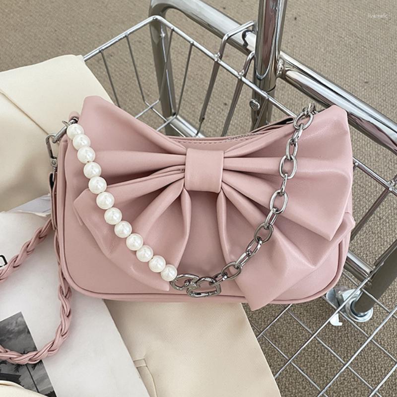 

Evening Bags Pearl Chain Women's Small Shoulder Crossbody Fashion Design Ladies Bow Underarm Bag Female Girls Clutch Purse Handbags, Beige