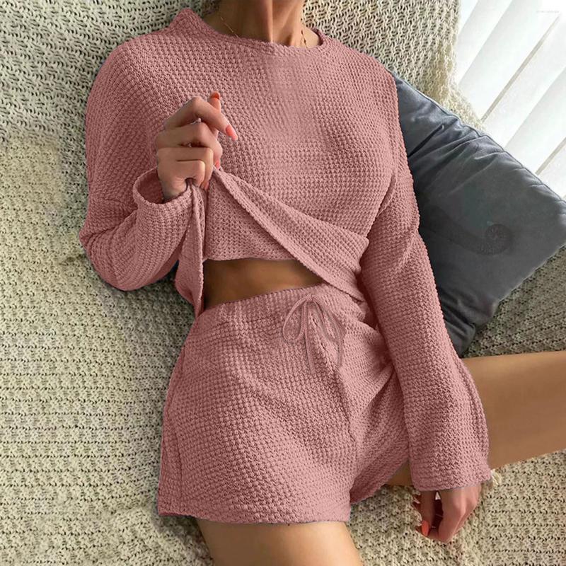 

Women' Tracksuits Women Knitted Pajamas Suit Long Sleeved Top And Shorts With Casual Wear Sports Loose Comfy Loungewear, Bu1