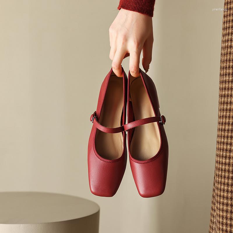 

Dress Shoes 2023 Spring Women Pumps Natural Leather 22-24.5cm Length Cowhide Pigskin Full Square Toe Buckle Mary Jane, Wine