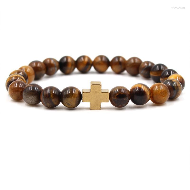 

Strand Beaded Strands 2023 Fashion Jewelry Tiger Eye Scrub Stone Men Bracelet Black Magnet Cross Women Couple Alloy Metal Hand Raym22