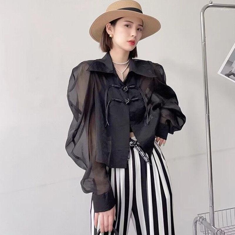 

Women's Blouses Short Shirt Women Chinese Wind Disc Buckle Sunscreen Coat Female Summer Loose Thin Cardigan Tops Fashion Solid Color Blouse, Black