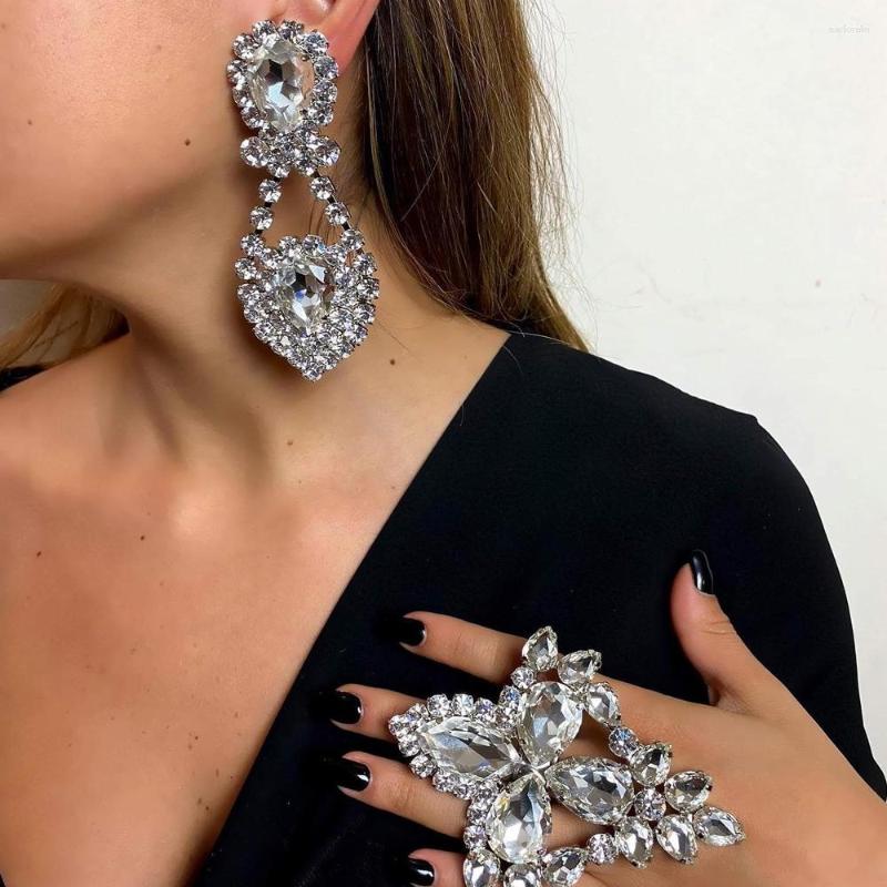 

Necklace Earrings Set Stonefans Bridal Rhinestone Exaggerate Jewelry Party Accessories Africa Wedding Geometry Crystal Ring For Women, Picture shown
