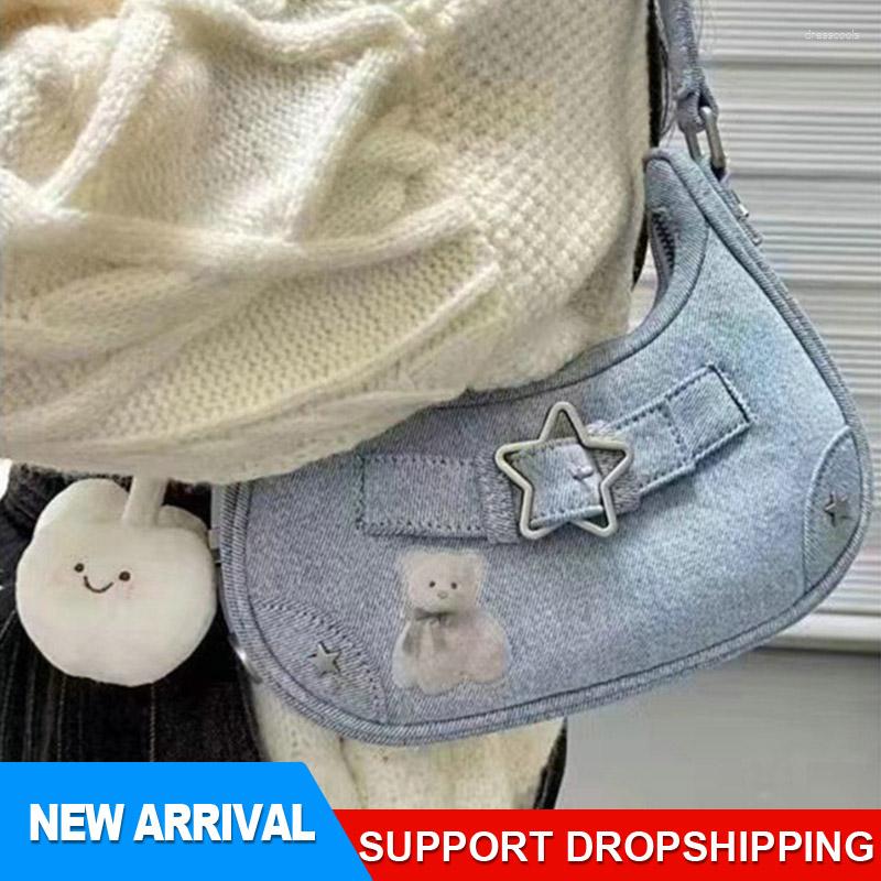 

Evening Bags Y2K Vintage Korean Casual Cute Blue Star Shoulder Underarm Tote Bag Ladies Sling Leather Zip Purses Bagutte Handbags Women