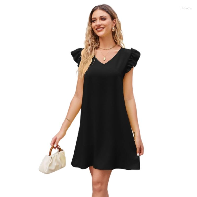 

Casual Dresses Loose-Fit Summer Dress For Women Ruffle Short Sleeves Solid Color Fashion V-neck Holiday, Black