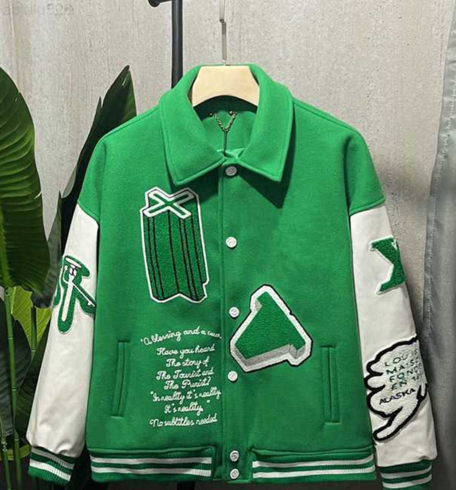 

Flocked Leather Sleeve Baseball Jacket Warm Uniform Style for Men Couples7478