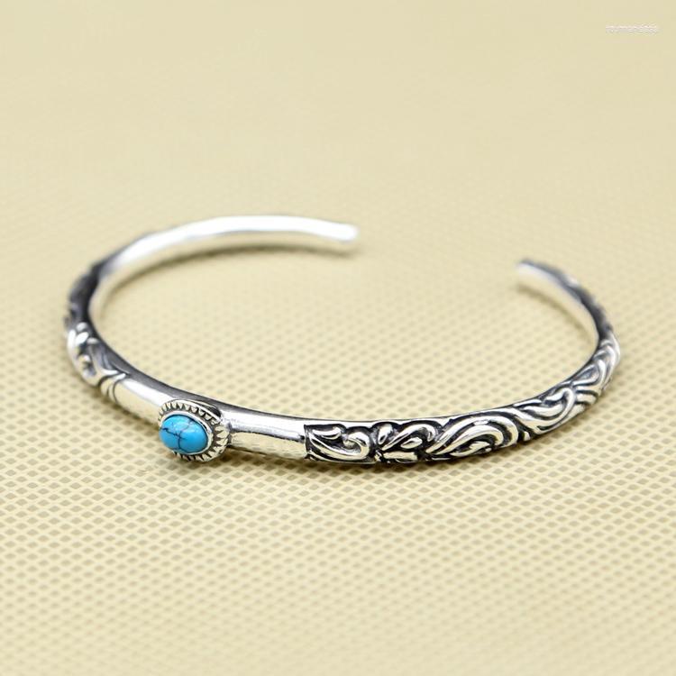 

Bangle Real Pure 925 Sterling Silver Women &Bracelet Lab Turquoise Stone Vintage Style Elegant Narrow Band Gifts Raym22