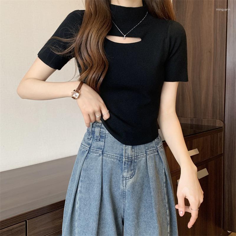 

Women's T Shirts Sexy Casual Hollow Short T-shirt Solid Color Design Sense Small Version Sleeve 2023 Slim-fit Basic Niche Clothes, Black