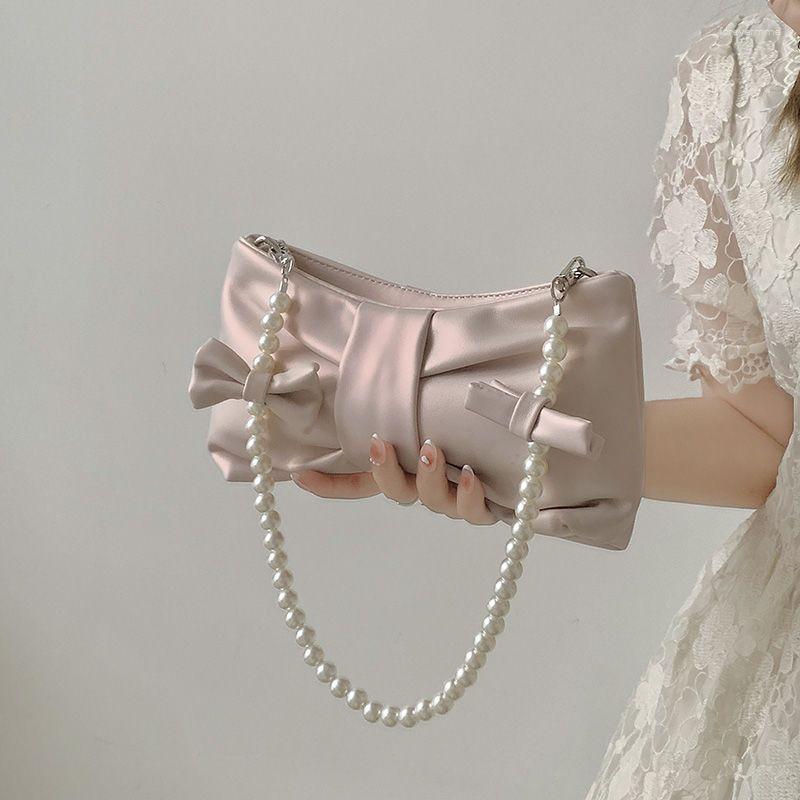 

Evening Bags Fashion Beading Solid Color Women Shoulder Bag Casual Bowknot Pu Leather Ladies Crossbody Simple Sweet Female Underarm, Pink
