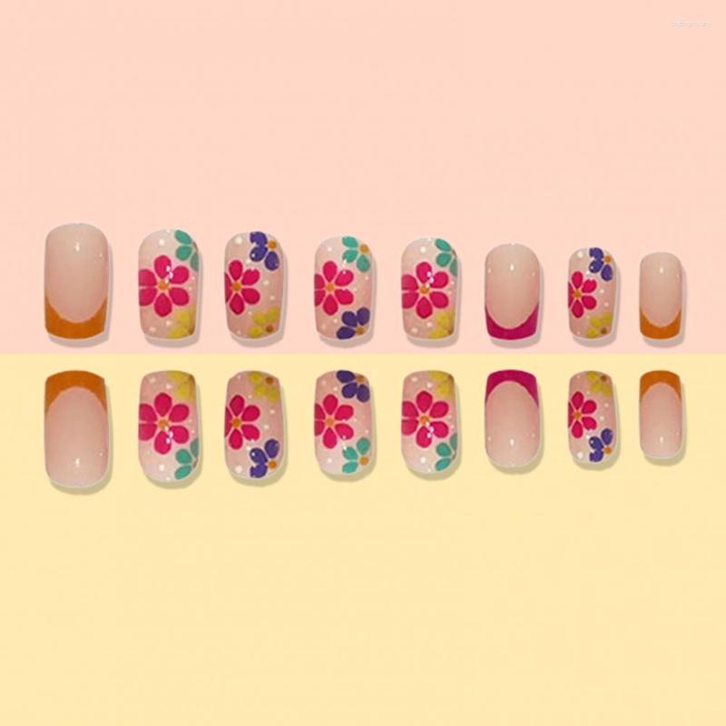 

False Nails Beautiful Faux Spring Colorful Flowers Reusable Women Girls Press On Elegant Manicure Supplies, Multicolor