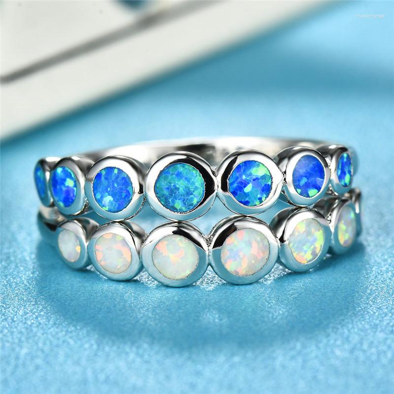 

Wedding Rings Boho Female Small Round Finger Ring Silver Color Blue White Fire Opal Stone Promise Engagement For Women