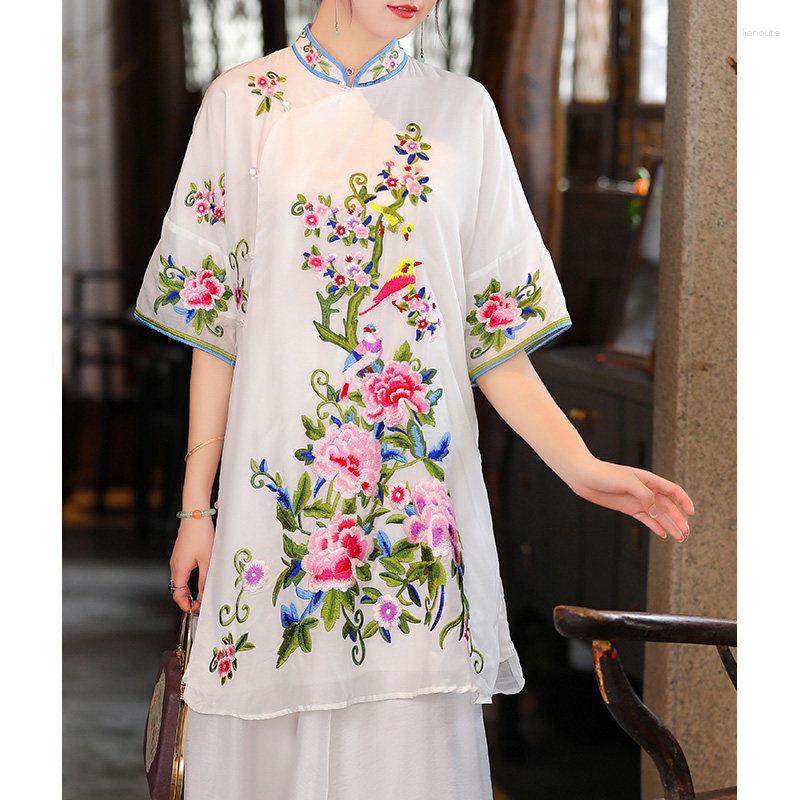 

Ethnic Clothing 2023 Chinese Embroidery Cheongsam Ao Dai Women Mid-length Femme Blouse Style Vintage Shirt Tang Suit Qipao Dress A43