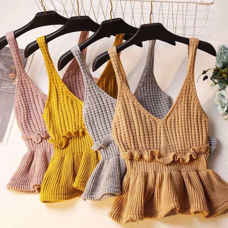

Women's Tanks 2023 Women Knitted Autumn Winter V-Neck Sweater Camis All Match Ruffles Solid Female Sleeveless Vest Short Tops 1092, Black
