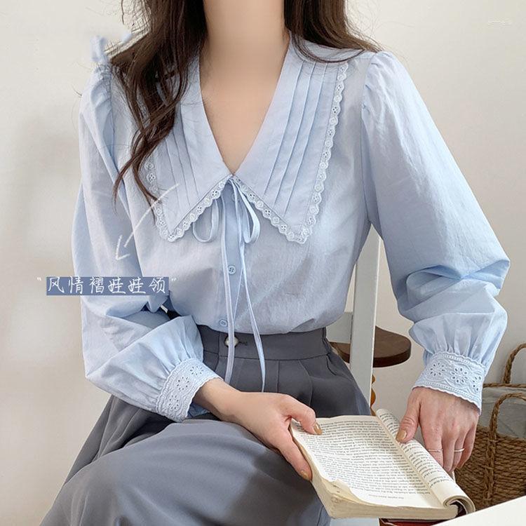 

Women' Blouses 2023 Spring Autumn Women Fashion Korean Long-sleeved Shirts Female Solid Color Loose Ladies Thin Casual G265, Blue