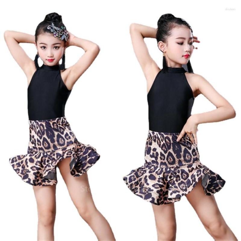 

Stage Wear Kids Girls Latin Dance Leopard Print Fringe Dress Ballroom Competition Evening Party Performance Clothing Top Skirt Set, Style5