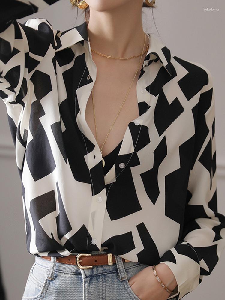 

Women' Blouses Casual Lapel Chiffon Shirt Loose Single-Breasted Long-Sleeved Top 2023 Korean Fashion Clothing, Black