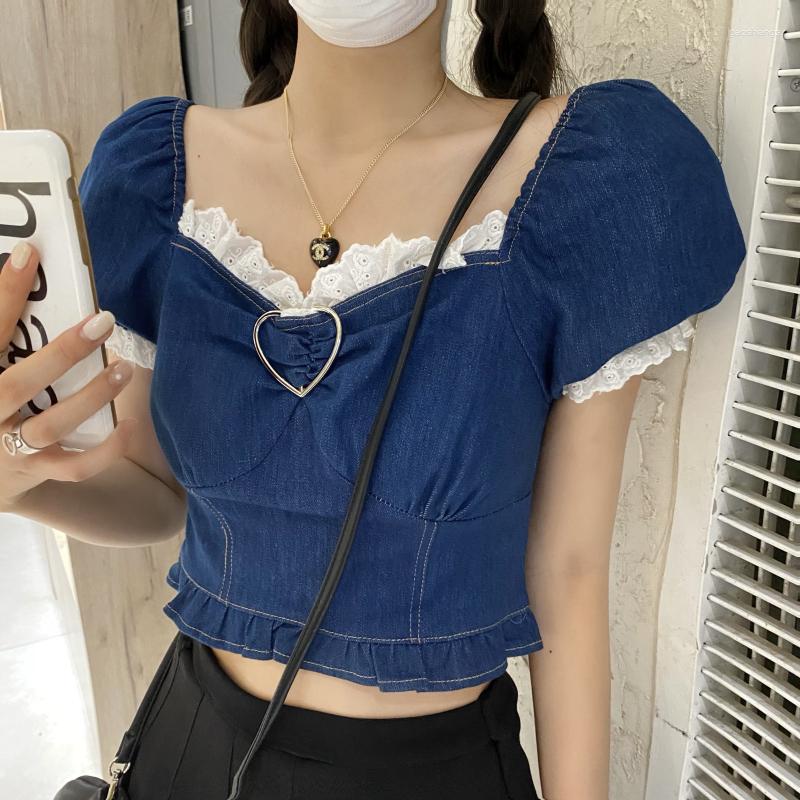 

Women' Blouses Women Fashion Patchwork Denim Shirt Vintage Loose Casual Puff Short Sleeve Square Collar Female Ladies Blouse Crop Tops, Blue