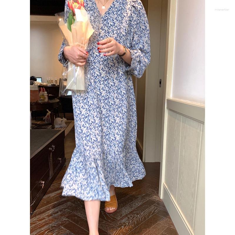 

Casual Dresses Floral Chiffon Blue Fishtail Dress Female Spring 2023 French Temperament High Sense Long Sleeve Collar, 21