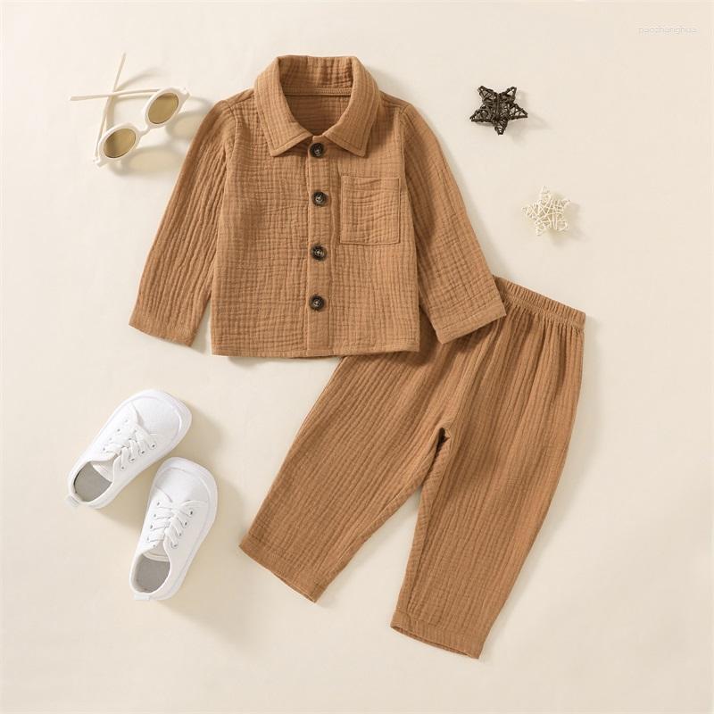 

Clothing Sets Soft Cotton Linen Fall Winter Infant Boys Girls Outfit Suit Solid Pocket Long Sleeve Shirts Elastic Waist Pants 2Pcs Clothes, Khaki